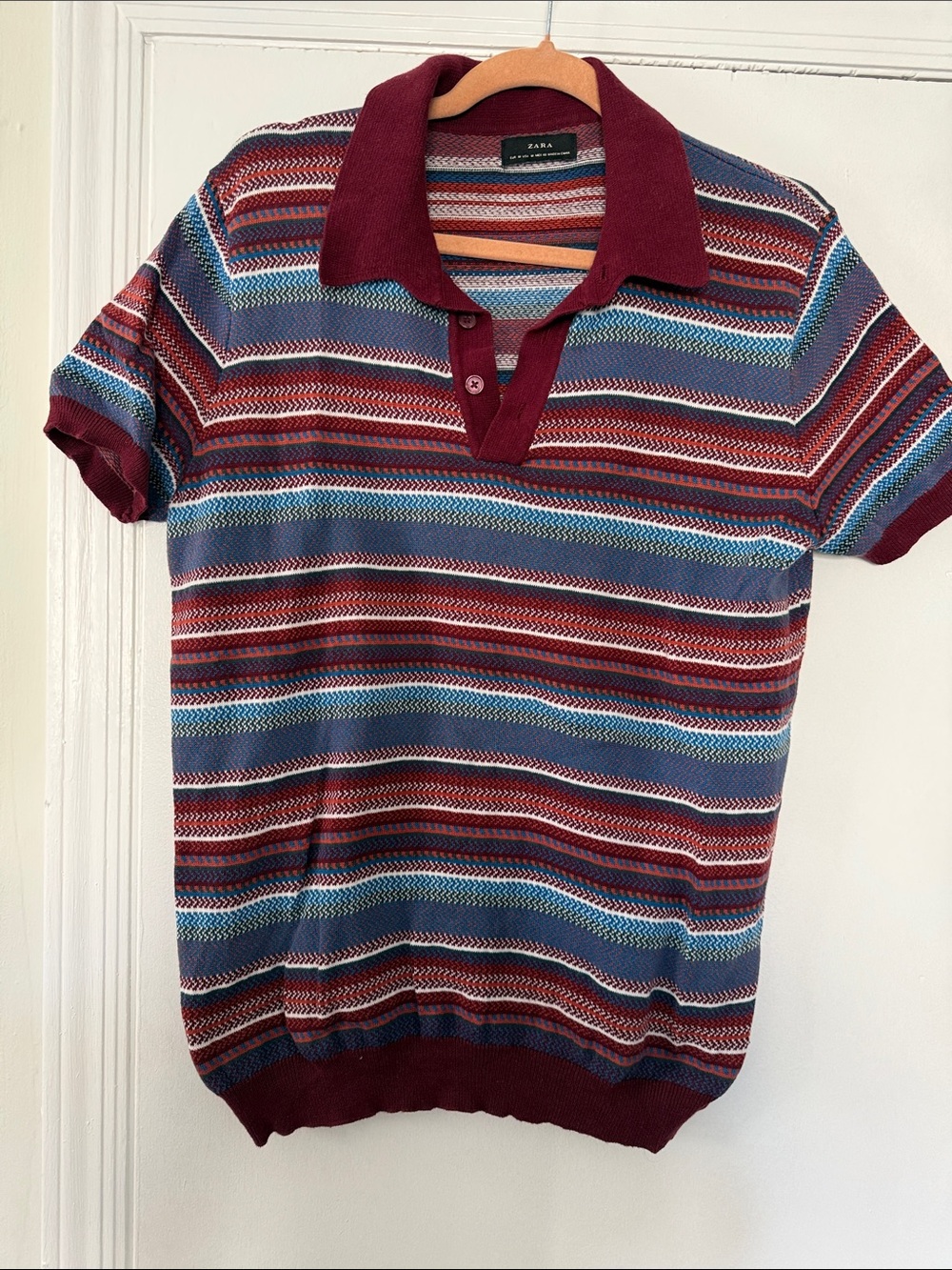 Zara Maroon and Blue Multicolor Striped Knit Polo
